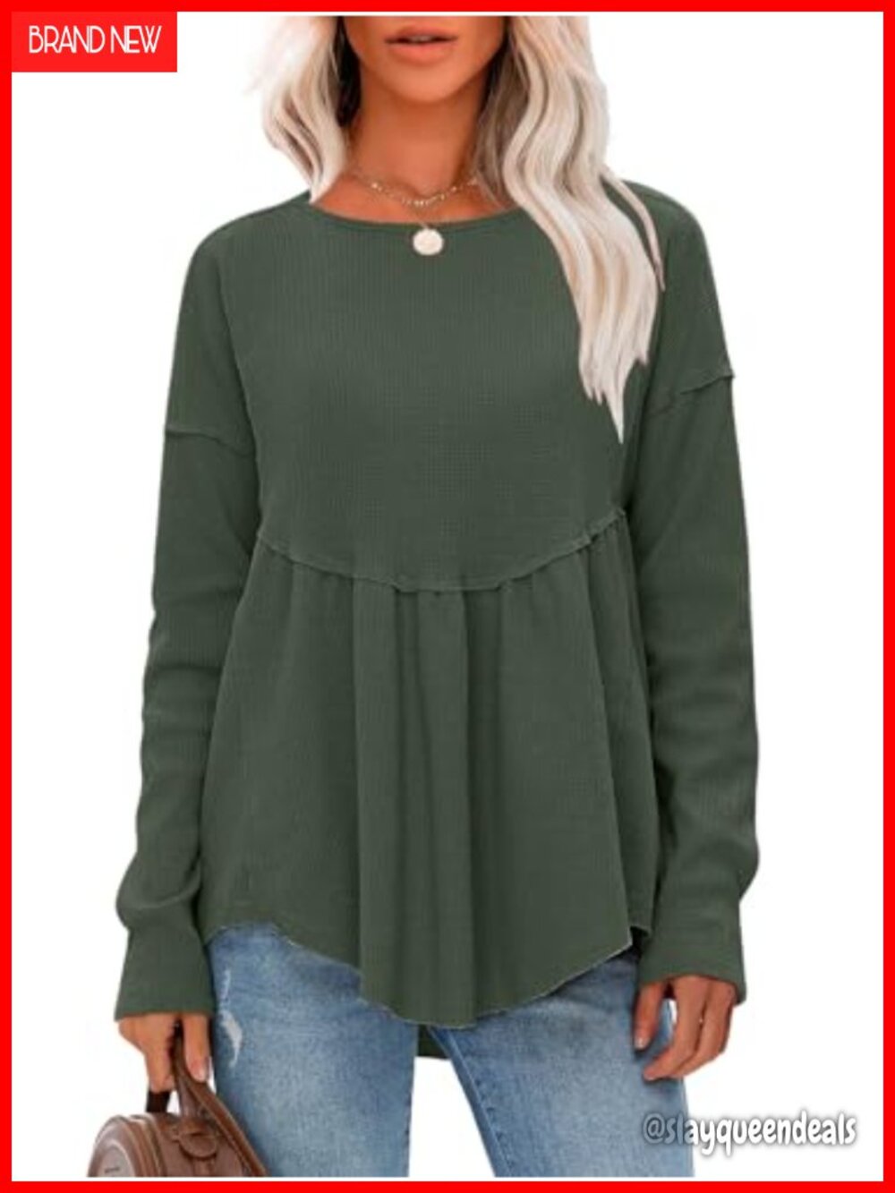 Waffle Knit Long Sleeve Crewneck Loose Babydoll Tunic Top Maternity